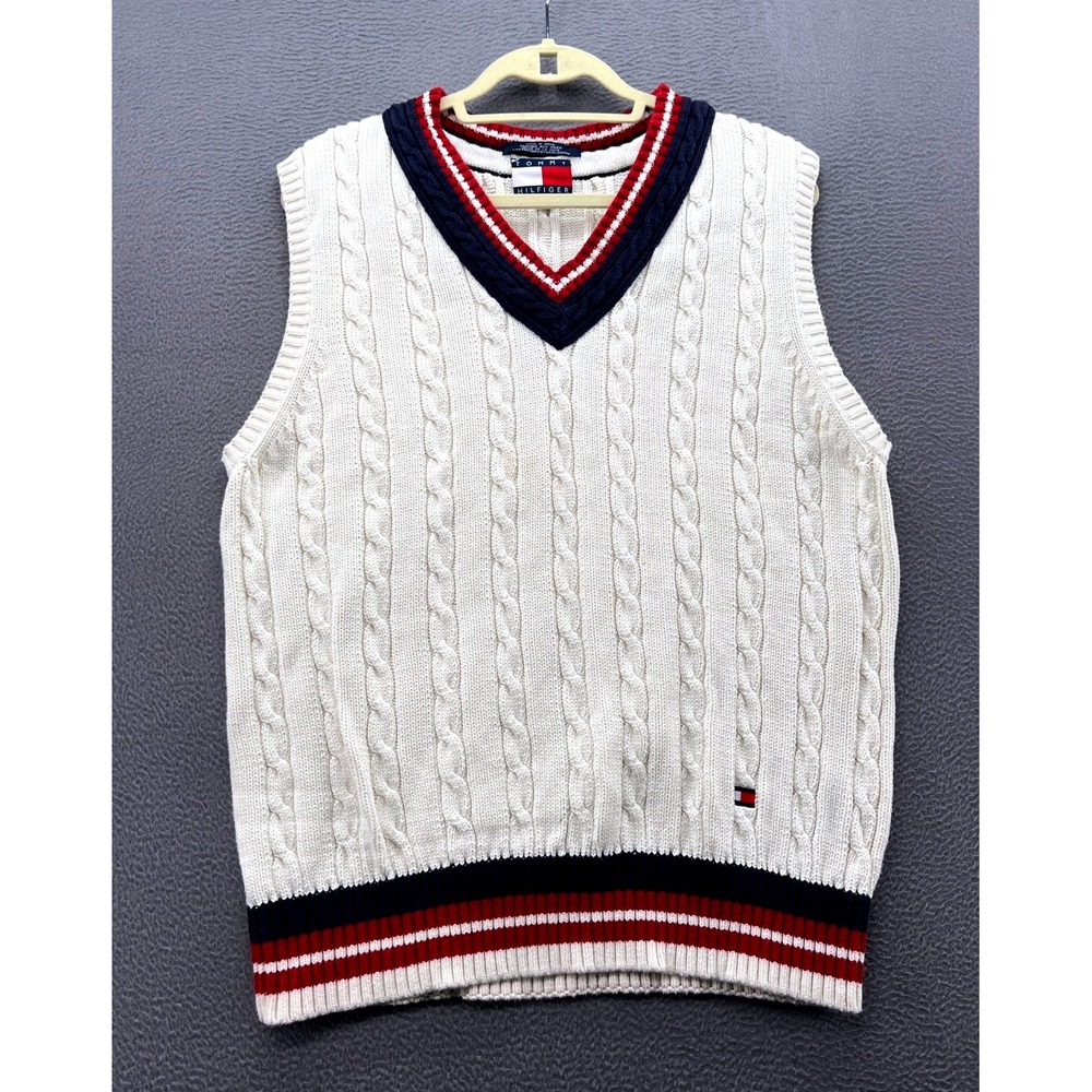 Tommy Hilfiger Sweater Vest Mens Large White Navy Red Cable Knit V-Neck